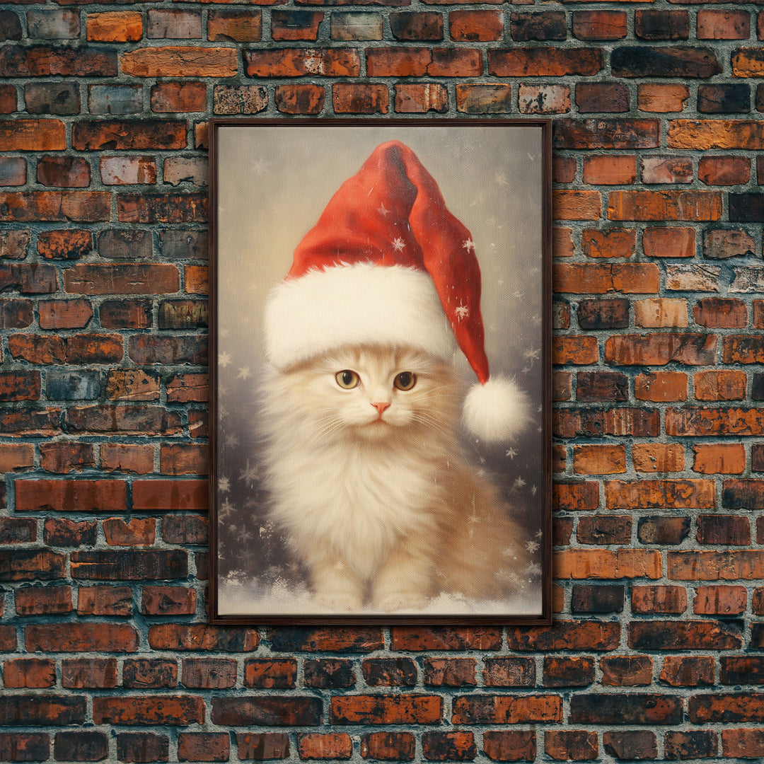 Cute White Kitten In A Christmas Hat, Farmhouse Christmas, Farmhouse Decor, Framed Canvas Print Seasonal Wall Art Winter Decor Christmas Art