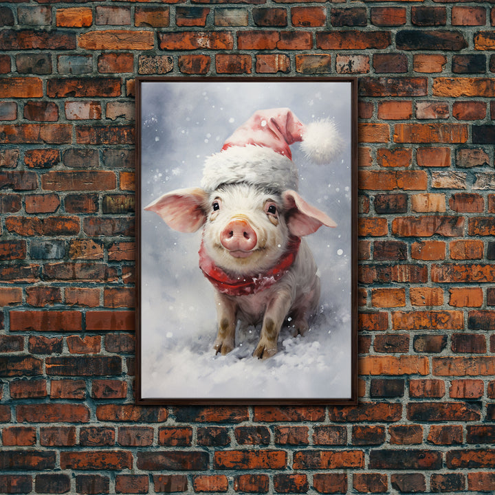 Cute Christmas Pig In A Santa Hat, Christmas Art, Christmas Decor, Christmas Wall Art, Farmhouse Christmas, Vintage Christmas, Pig Print