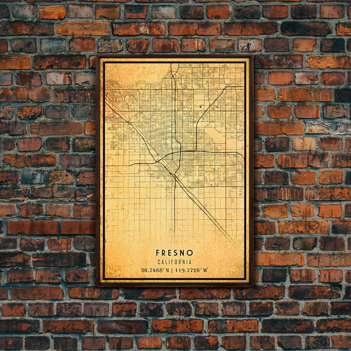 Distressed Fresno California Map, Framed Canvas Print Or Poster, California Map Print, Freso City Wall Art Map Print, Rustic Map Art