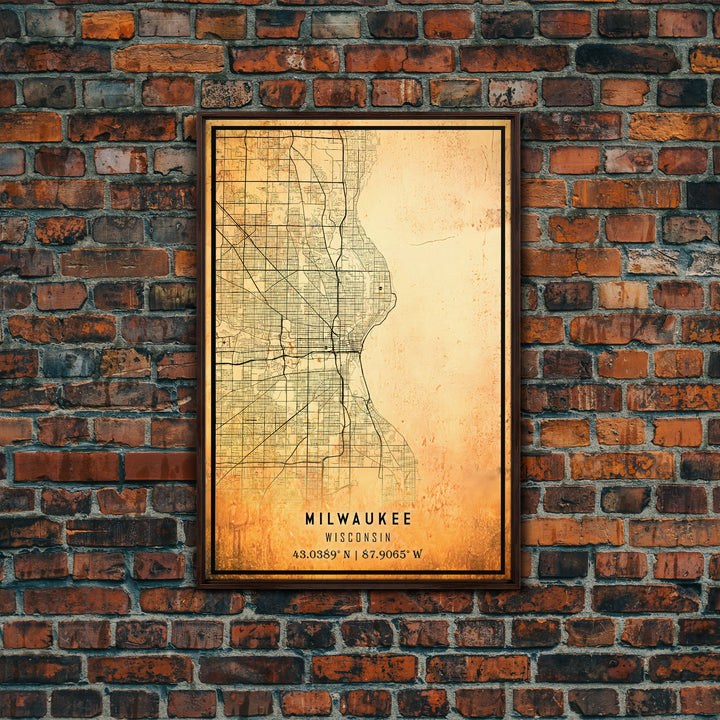 Milwaukee Wisconsin Street Map Wall Art, Framed Canvas Print, Wisconsin Map Print Poster and Canvas, Milwaukee City Office Wall Art