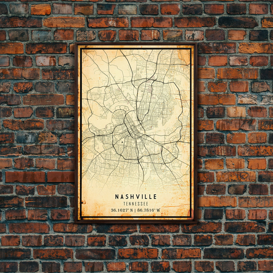 Nashville Map Print, Framed Canvas Wall Art, Tennessee Street Map Art, Davidson City Street Road Map Wall Decor