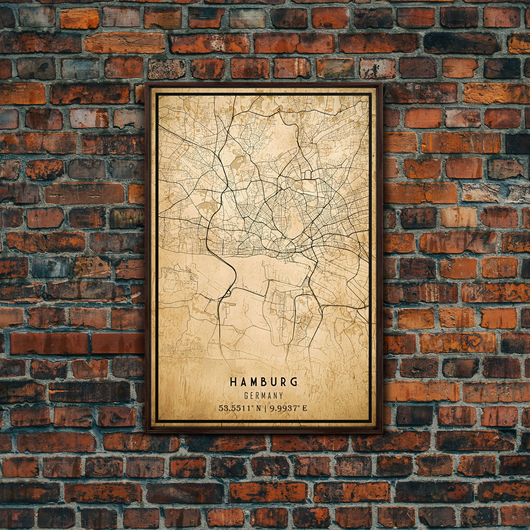 Old Hamburg Germany City Map Wall Art Canvas Print, Vintage Style Hamburg Map, Framed Wall Art, Cool Hamburg Wall Art, Office Art