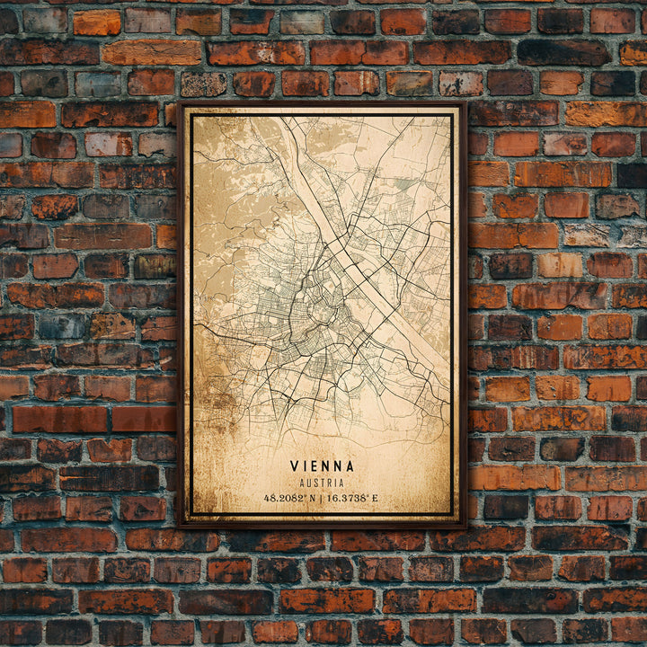 Vintage Vienna City Map Wall Art Canvas Print, Distressed Style Vienna Austria Map, Framed Wall Art, Cool Vienna Travel Wall Art, Office Art