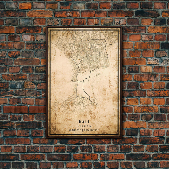 Vintage Bali Indonesia City Map Wall Art Canvas Print, Distressed Style Bali Map, Framed Wall Art, Cool Bali Travel Wall Art, Office Art