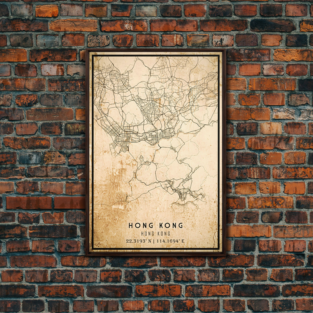 Vintage Hong Kong City Map Wall Art Canvas Print, Distressed Hong Kong Map, Framed Wall Art, Cool Hong Kong Travel Wall Art, Office Art