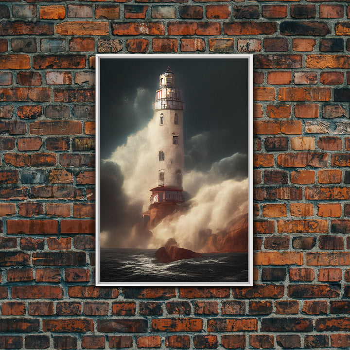 Lighthouse In A Hurricane, Storm Art, Framed Canvas Print, Ready To Hang Framed Wall Art, Living Room Wall Hanging