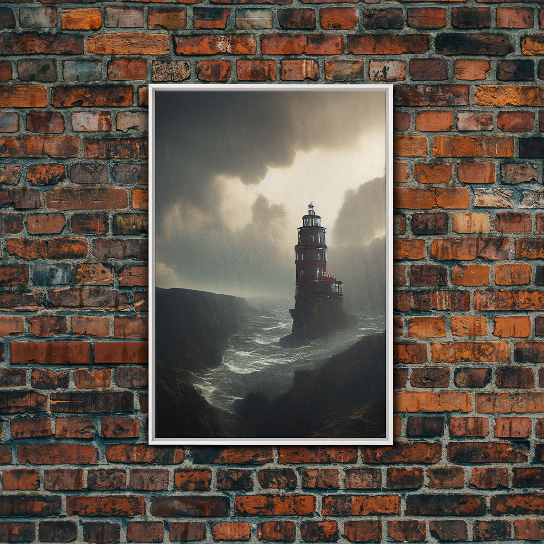 Lighthouse Protecting the Cliffs, Framed Canvas Print, Ready To Hang Framed Wall Art, Living Room Wall Hanging