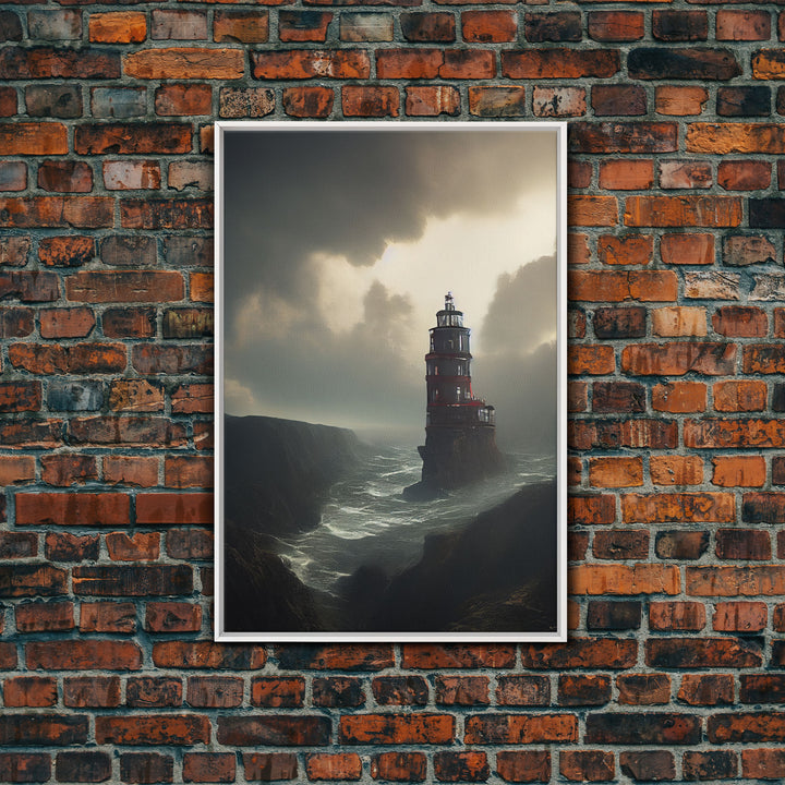 Lighthouse Protecting the Cliffs, Framed Canvas Print, Ready To Hang Framed Wall Art, Living Room Wall Hanging