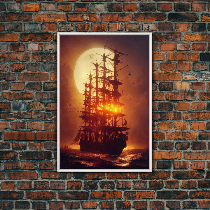 Ghost Ship and Full Moon, Spooky Pirate Ship Art, Framed Canvas Print, Ready To Hang Framed Wall Art, Living Room Wall Hanging