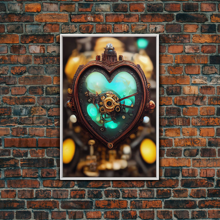 Steampunk Heart, Turquoise Crystal Heart, Framed Canvas Print, Ready To Hang Framed Wall Art, Living Room Wall Hanging