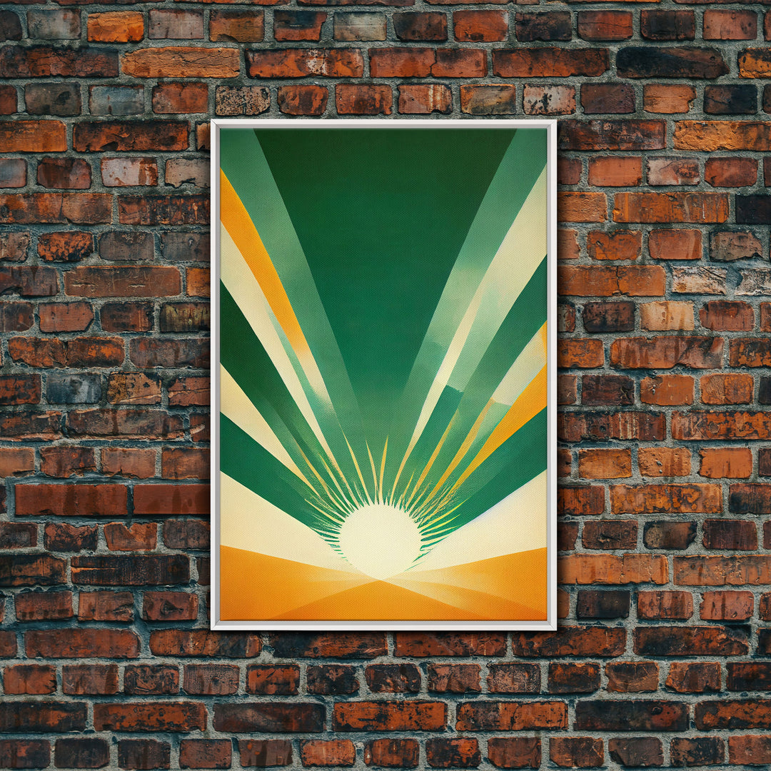 Emerald Green Sun Burst, Art Deco Style, Framed Canvas Print, Ready To Hang Framed Wall Art, Living Room Wall Hanging