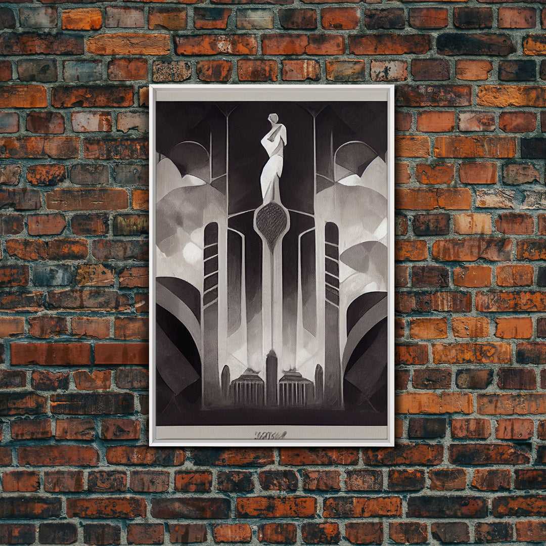 Black And White Art Print, Art Deco Architecture, Framed Canvas Print, Ready To Hang Framed Wall Art, Living Room Wall Hanging