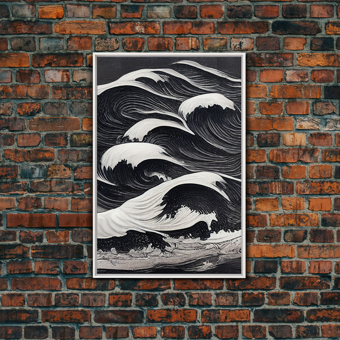 Black and White Tidal Waves, Japanese Style Art, Framed Canvas Print, Ready To Hang Framed Wall Art, Living Room Wall Decor