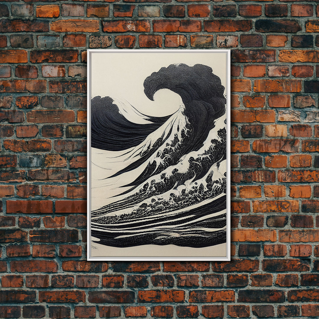 Black and White Tsunami Waves, Japanese Style Art, Framed Canvas Print, Ready To Hang Framed Wall Art, Living Room Wall Decor