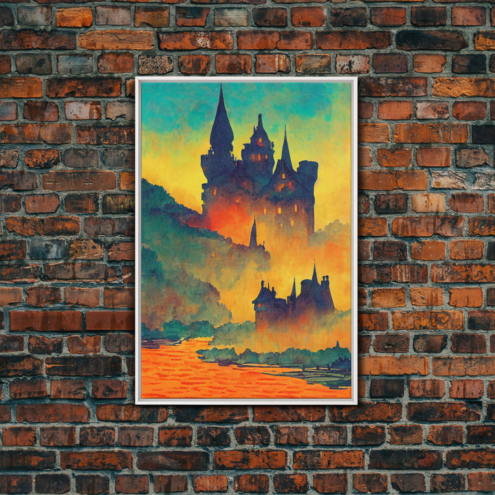 Watercolor Painting of A Transylvania Castle, Framed Canvas Print, Ready To Hang Framed Wall Art, Living Room Wall Hanging