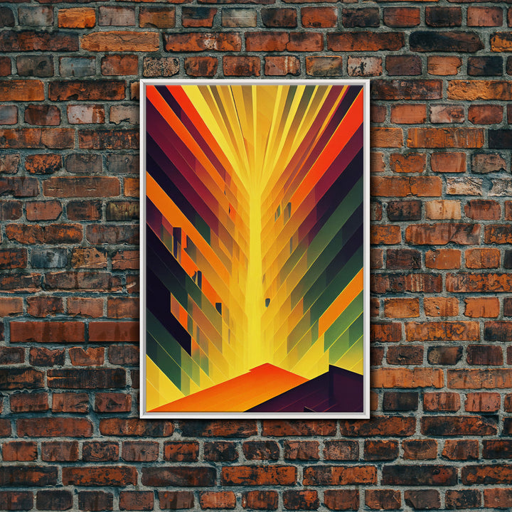 Unique art deco style abstract art, reflections of a sunset through stained glass, framed canvas print