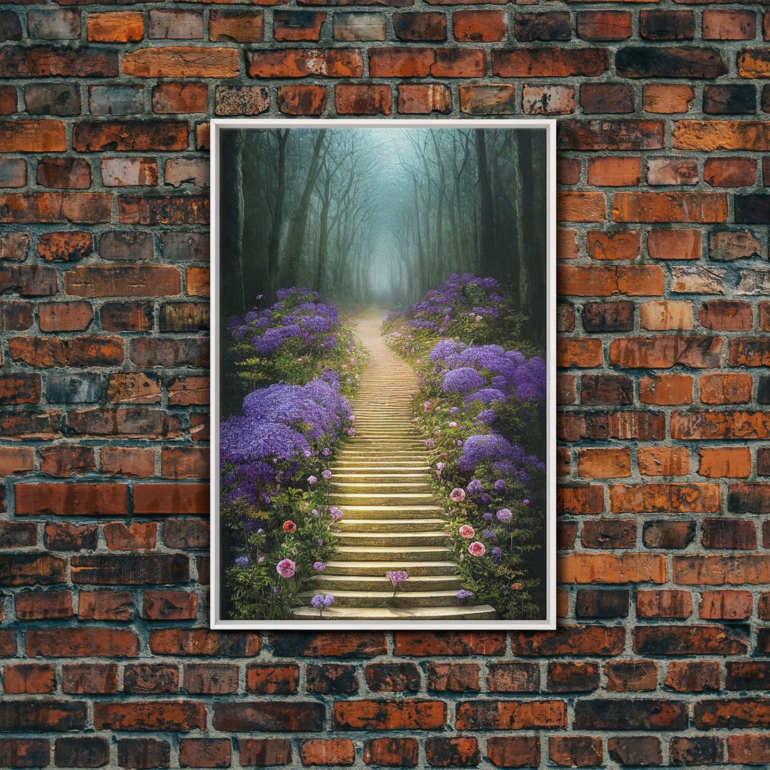 Lavender Lined Stairs Leading To The Haunted Forest, Fantasy Wall Art, framed canvas print, framed art