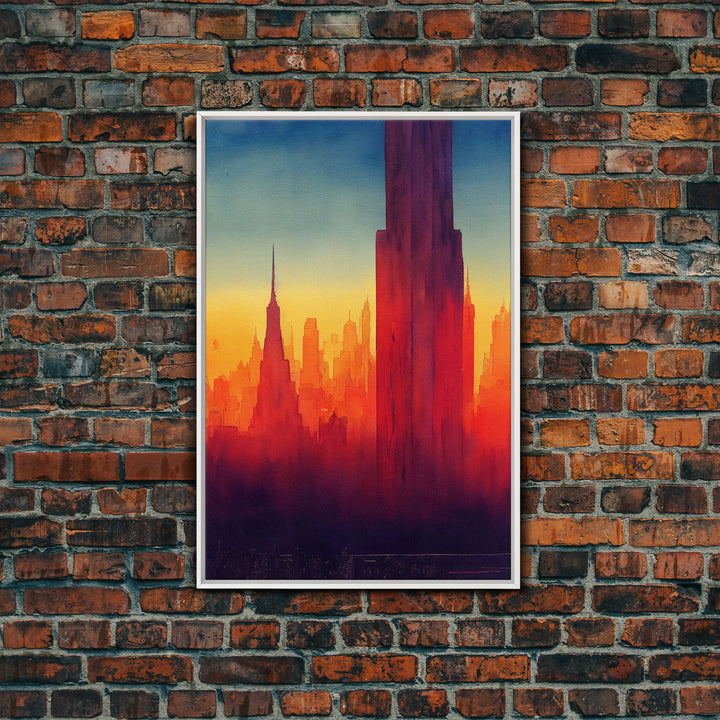 Chicago at sunset concept art, synthwave style, framed canvas print, ready to hang wall art with frame