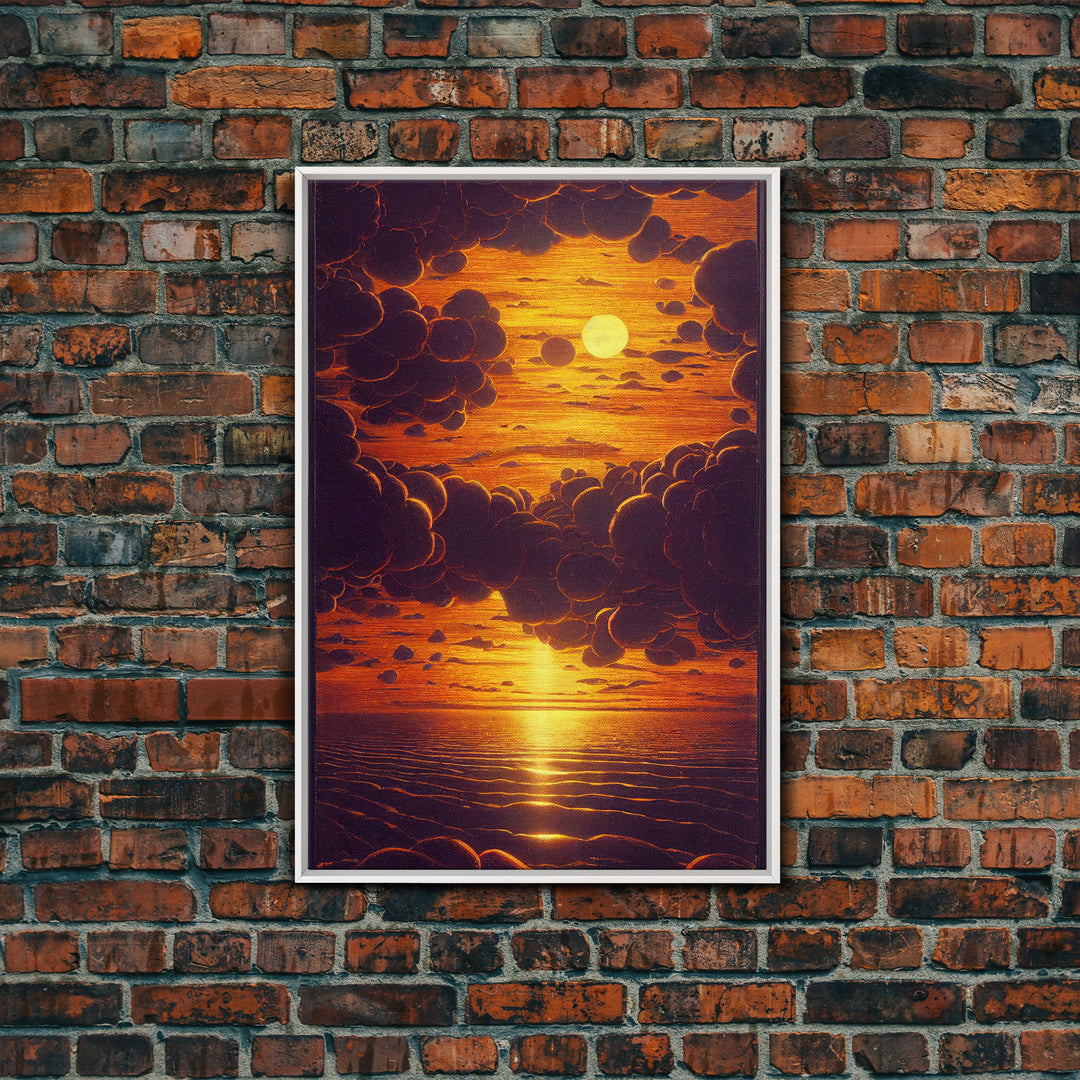 Orange Sunset, Psychedelic Sepia Sunset Art, Framed Canvas Print, Ready To Hang Framed Wall Art