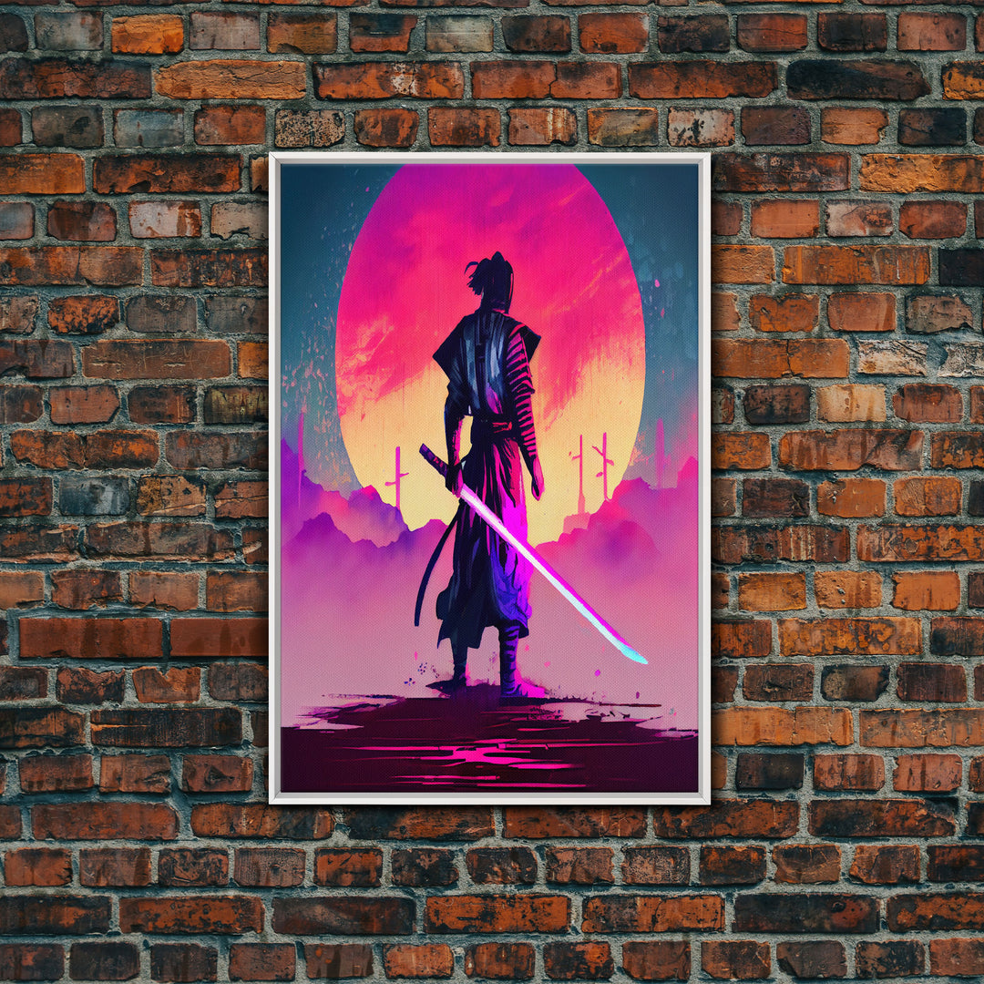 Synthwave Samurai, Cyberpunk Samurai Art, Framed Canvas Print, Ready To Hang Framed Wall Art