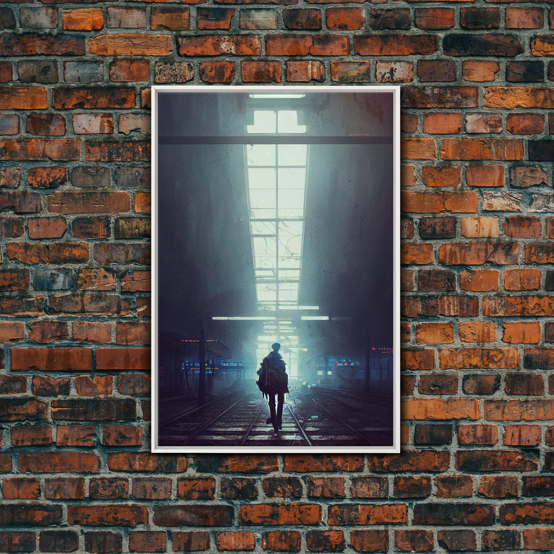 Cyberpunk Android In An Abandoned City, Dystopian Post Apocalyptic Art, Framed Canvas Print, Ready To Hang Framed Wall Art, Living Room