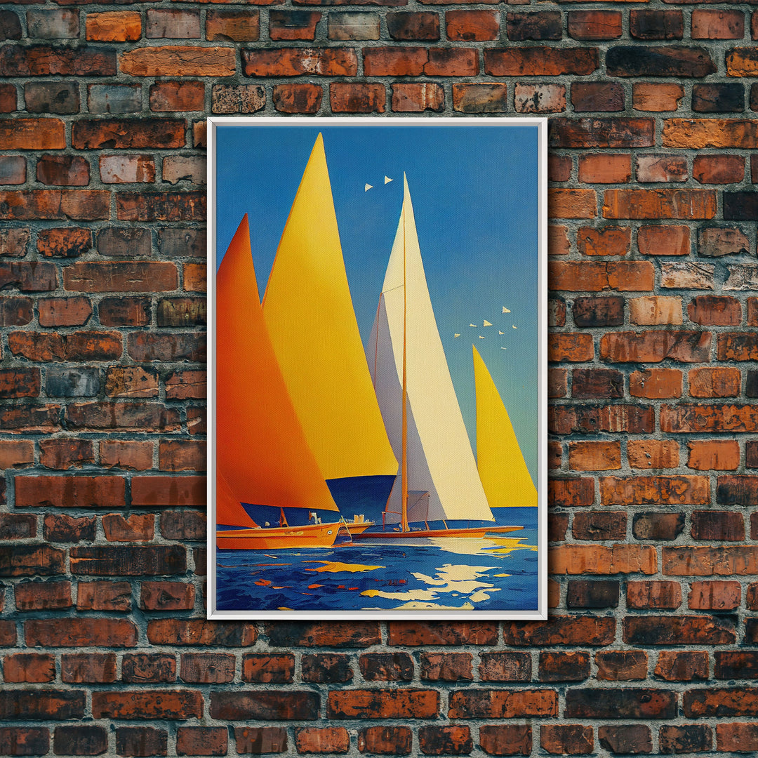 Golden Art Deco Sailboats in the Sun, Lakehouse Decor, Framed Canvas Print, Ready To Hang Framed Wall Art, Living Room Decor