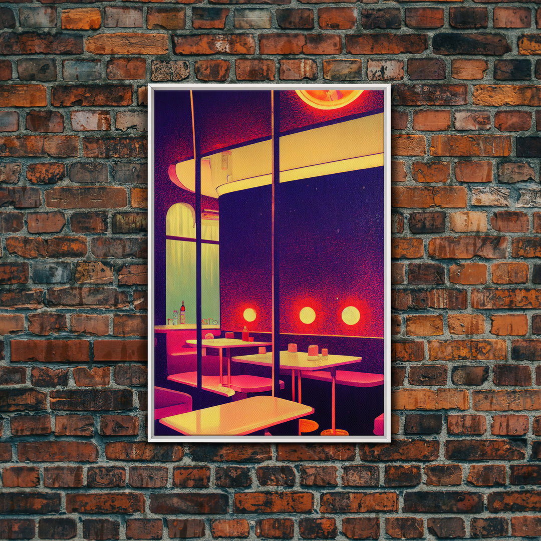 Retro 50s style diner art, vintage style, outrun style art, Framed Canvas Print, Ready To Hang Framed Wall Art, Living Room Wall Hanging