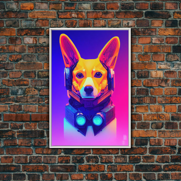 Cyberpunk Corgi Portrait, Futuristic Corgi, Framed Canvas Print, Ready To Hang Framed Wall Art, Living Room Wall Hanging