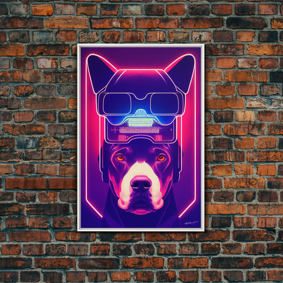 Cyberpunk Pitbull Portrait, Futuristic Dog Portrait, Framed Canvas Print, Ready To Hang Framed Wall Art, Living Room Wall Hanging