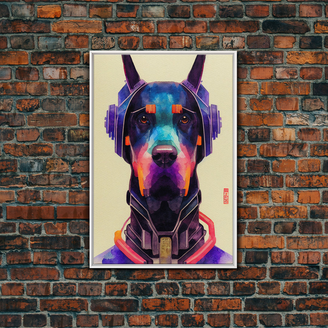 Cyberpunk Dobermann Pinscher Portrait, Watercolor, Framed Canvas Print, Ready To Hang Framed Wall Art, Living Room Wall Hanging