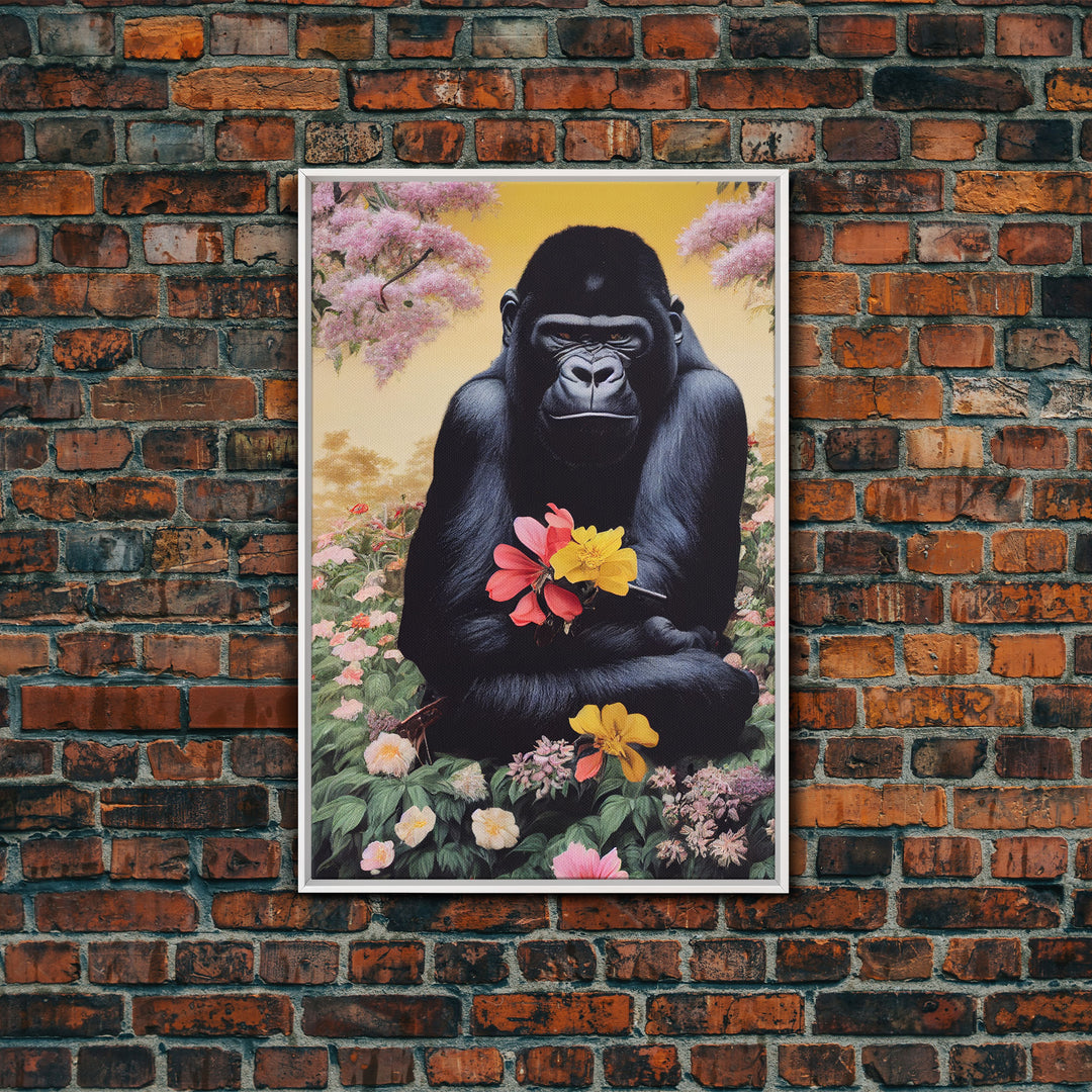 Portrait of a happy gorilla holding flowers, Framed Canvas Print, Ready To Hang Framed Wall Art