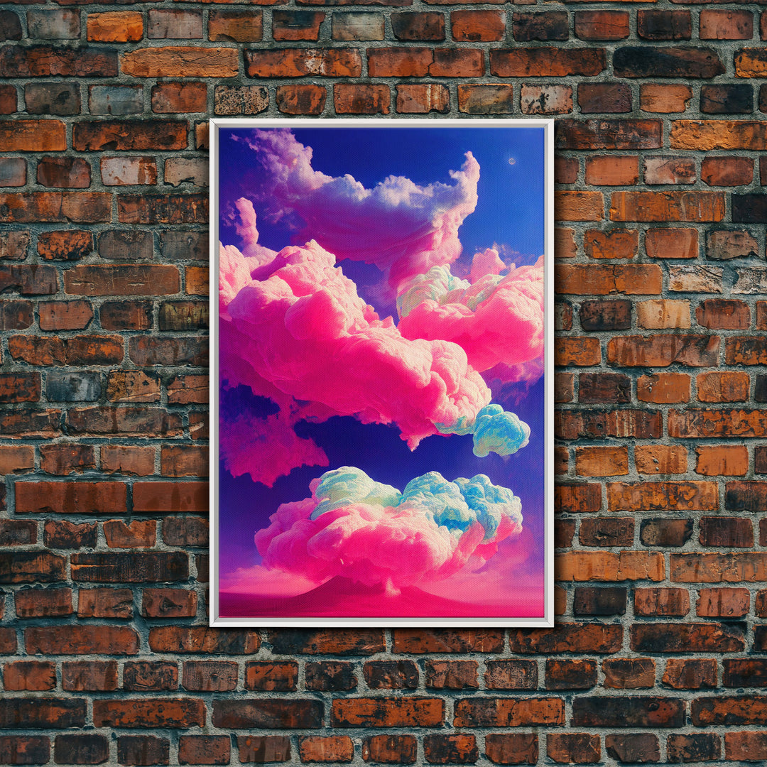 Bubble Gum Clouds, Trippy Psychedelic Surrealist Cloud Art, Framed Canvas Print, Ready To Hang Framed Wall Art