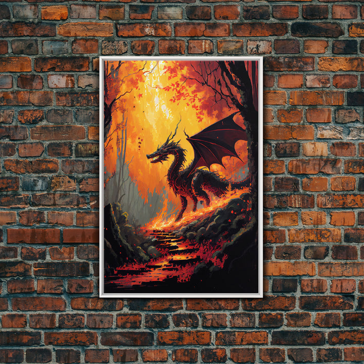 Dragon standing in a burned forest, fantasy art, fine art poster print