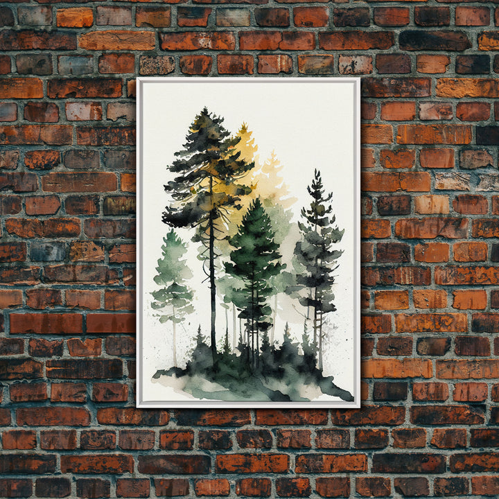 Watercolor pine tree forest, framed canvas print, cool wall art