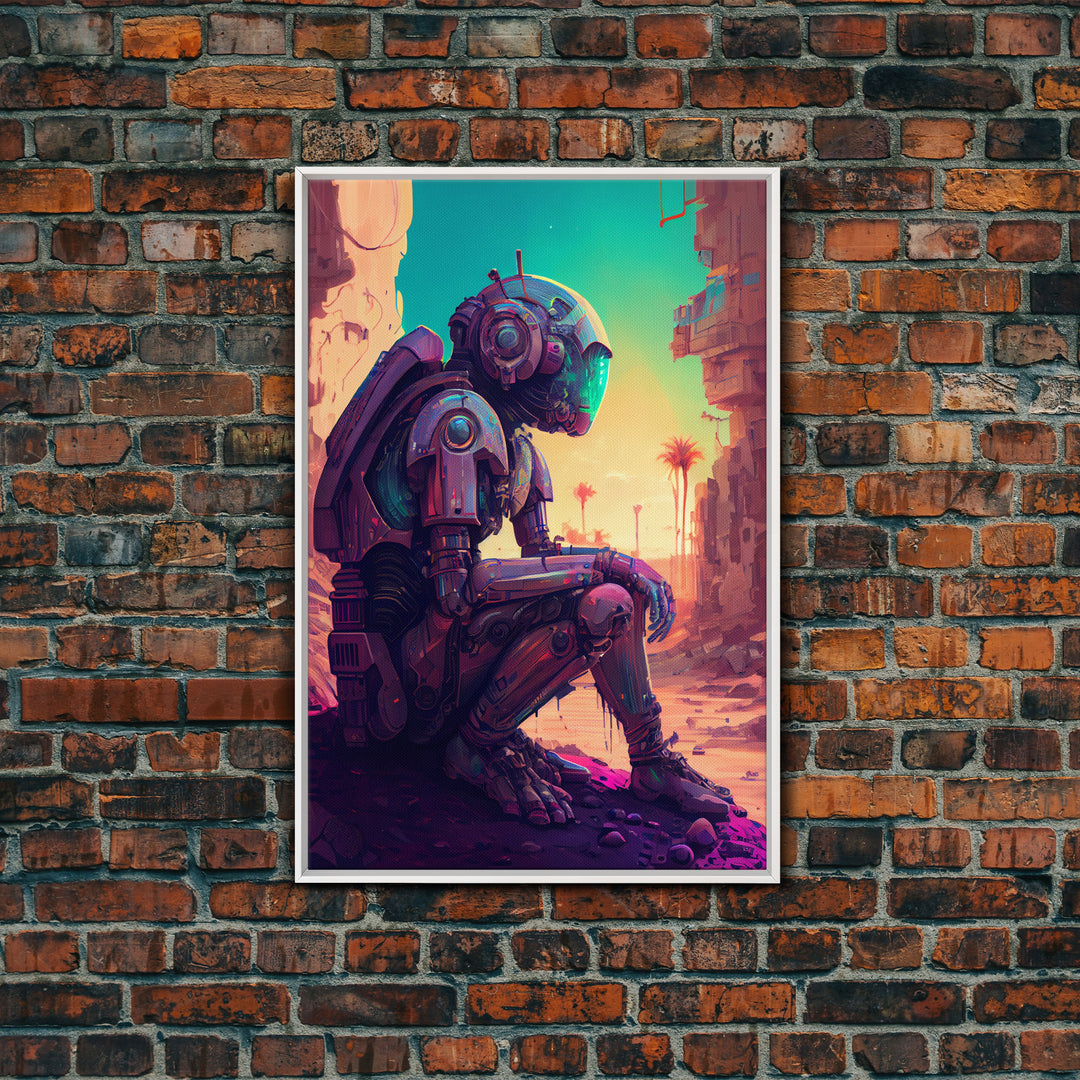 Android deep in thought, AI, fine art poster print