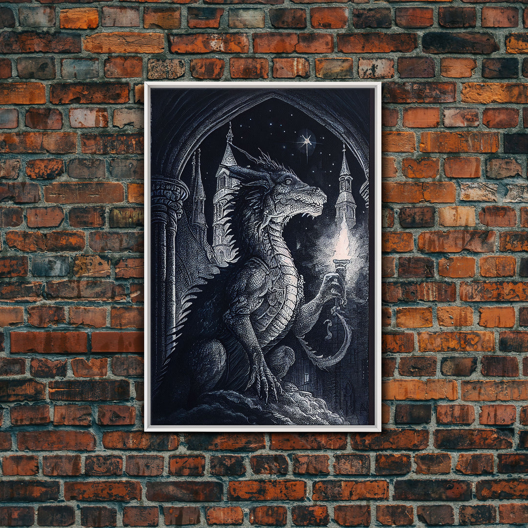 Dragon holding a torch, poster art, black and white dragon