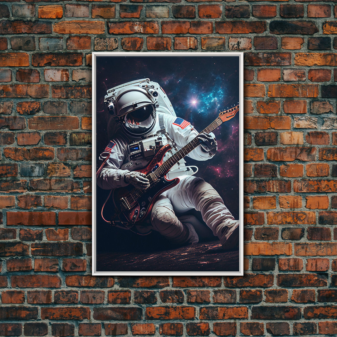 Jammin' in space, astronaut playing the guitar, framed canvas print