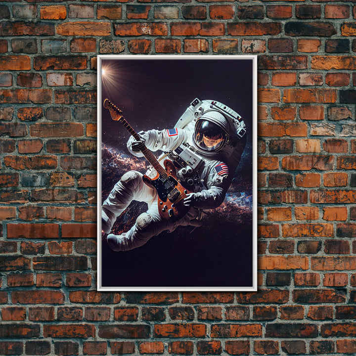 Space man jam, astronaut playing guitar in space, framed canvas print wall art