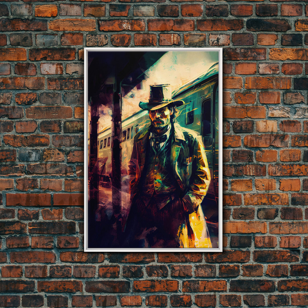 Cowboy waiting for the train, framed wall art, framed canvas print