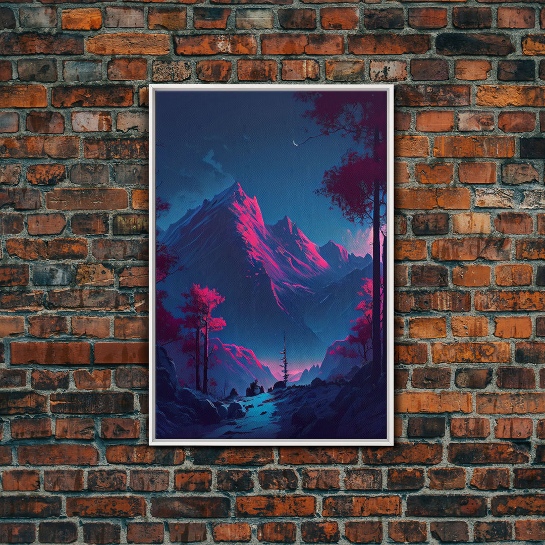 Vaporwave mountain landscape, pink and purple mountain art, framed canvas print