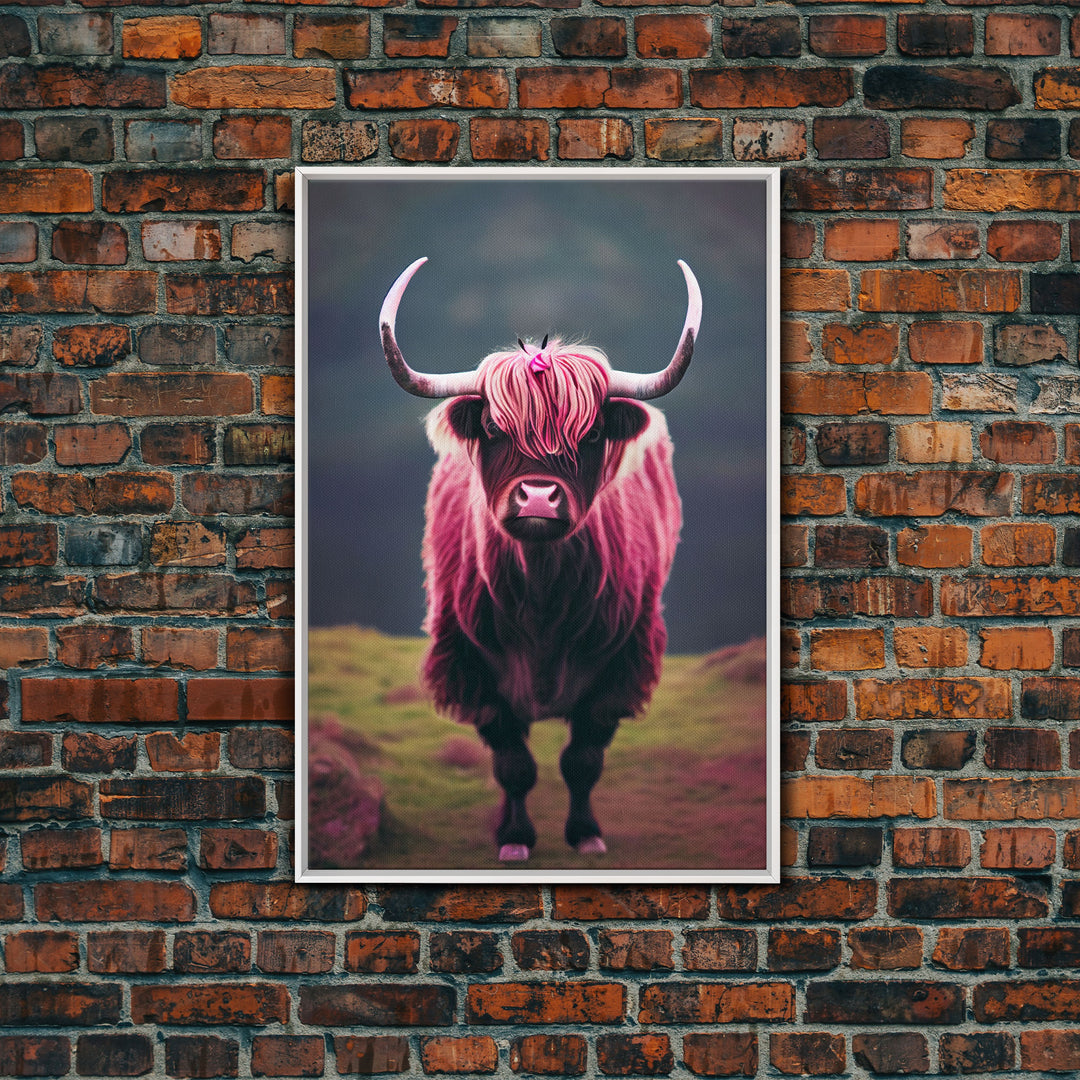 Colorful farmhouse art, Highland cow, Scotland cattle, framed canvas print, pink cow