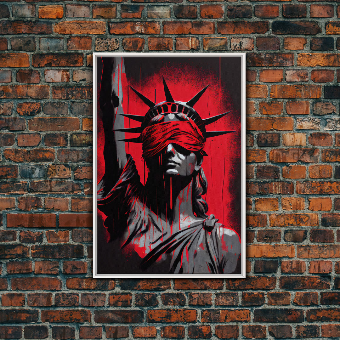 Blindfolded Statue of Liberty Graffiti art, framed canvas print, dystopian art