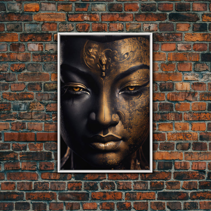 Golden eyed buddha statue framed canvas print, art for yoga studio, zen art