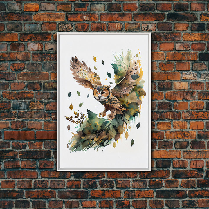 Watercolor of an owl in flight, owl portrait, framed canvas print, cool nature wall art