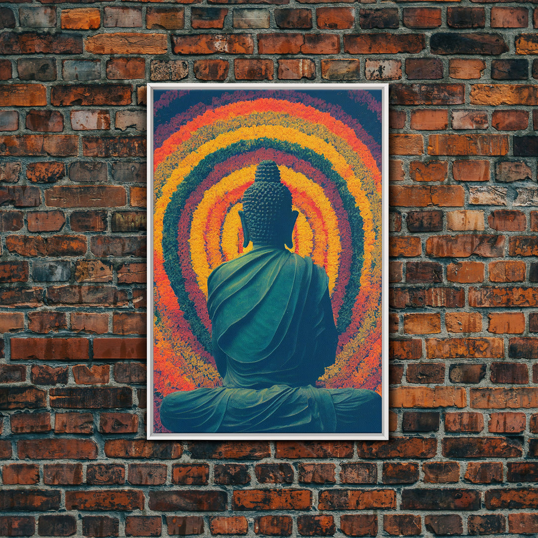 Colorful rainbow Buddha facing a ring of flowers, framed canvas print, yoga studio art