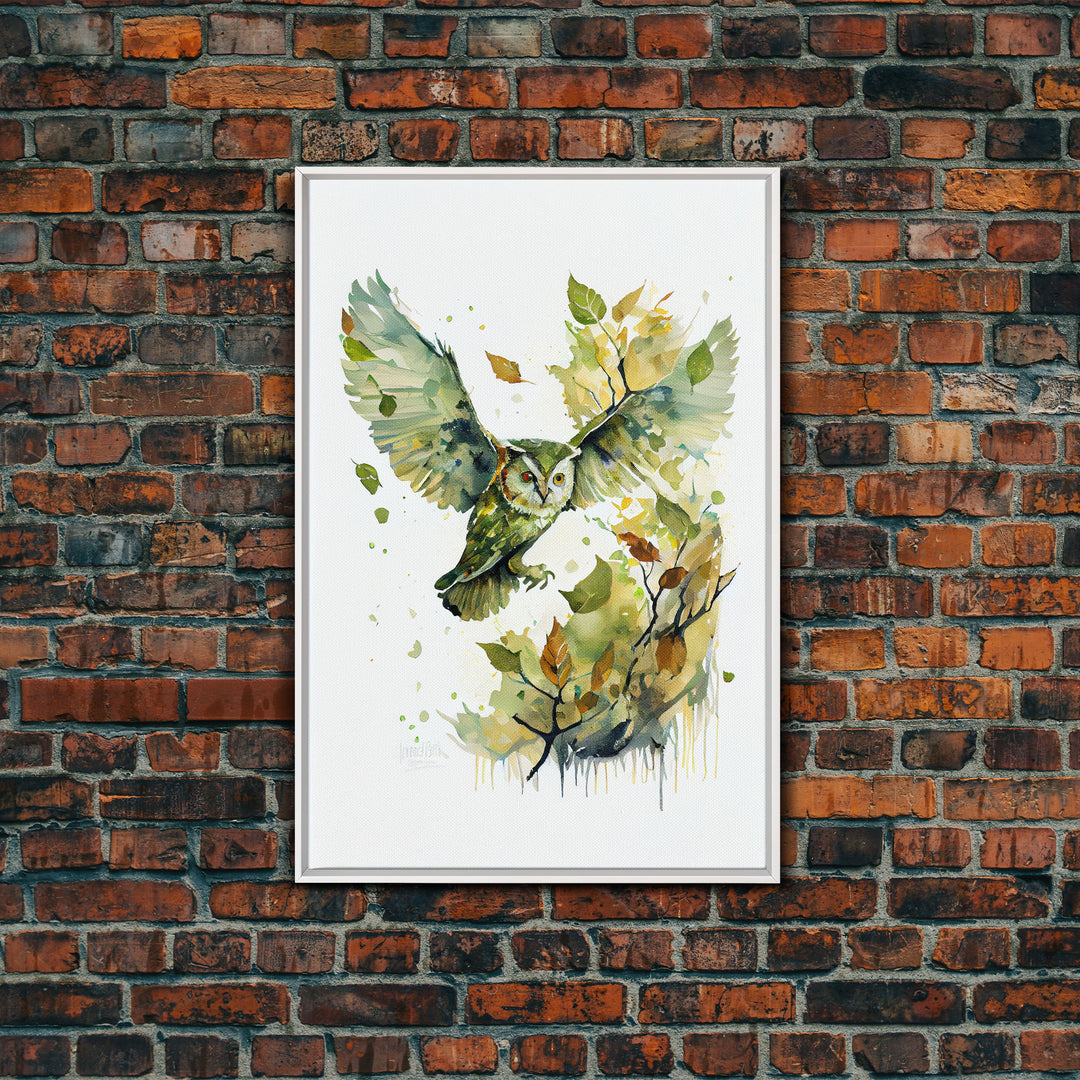 Watercolor of an owl in flight, owl painting print, framed canvas print, cool nature wall art, watercolor