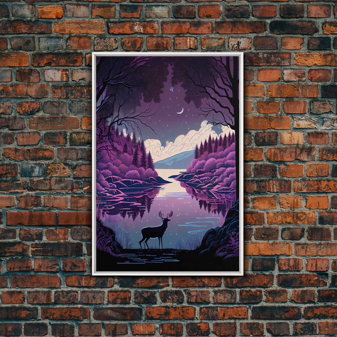 Mystical Deer Purple Forest Lake Wall Art Canvas Print - Serene Nature Scene Vibrant Artwork