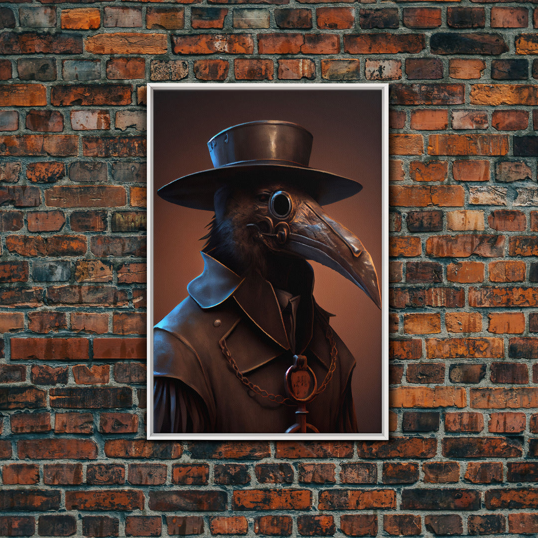 Crow wearing a plague doctor mask, poster art, cool spooky fine art poster print