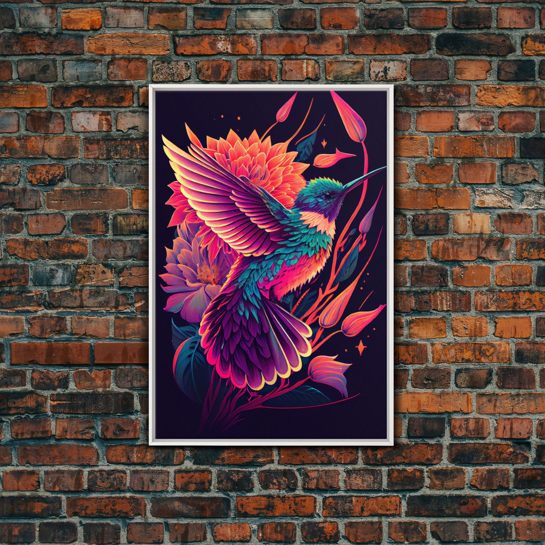 Beautiful Retro-Wave Humming Bird, framed canvas print, Colorful farmhouse wall art