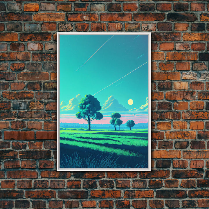 Retrowave landscape pixel art, soothing art, framed canvas print, light pastel sunset